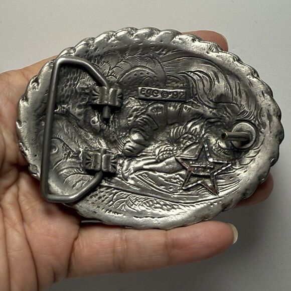 Vintage Ege 1992 Western Rodeo Cowboy Saddle Bronc Rider Belt Silver Buckle - Picture 5 of 9